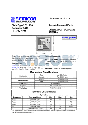 SD2222A datasheet - Chip Type 2C2222A Geometry 0400 Polarity NPN