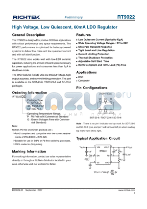 RT9022GE datasheet - High Voltage, Low Quiescent, 60mA LDO Regulator