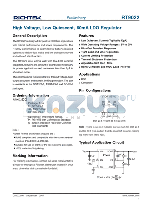 RT9022GJ6 datasheet - High Voltage, Low Quiescent, 60mA LDO Regulator