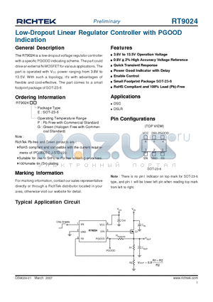 RT9024 datasheet - Low-Dropout Linear Regulator Controller with PGOOD Indication