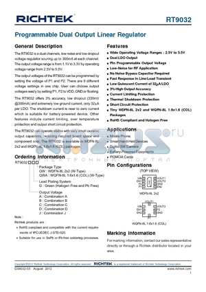 RT9032 datasheet - Programmable Dual Output Linear Regulator