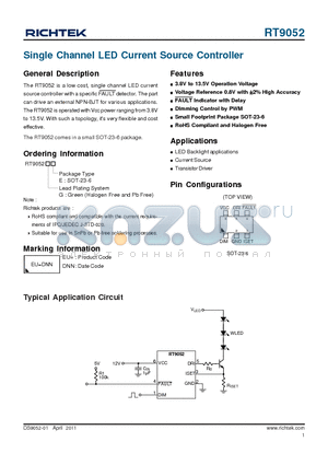 RT9052 datasheet - Single Channel LED Current Source Controller