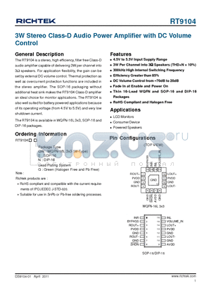RT9104 datasheet - 3W Stereo Class-D Audio Power Amplifier with DC Volume Control
