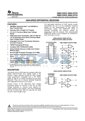 SN65LVDT33DRG4 datasheet - HIGH-SPEED DIFFERENTIAL RECEIVERS