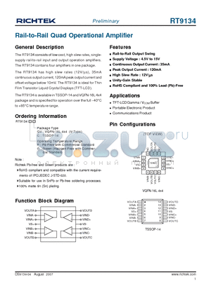 RT9134GQV datasheet - Rail-to-Rail Quad Operational Amplifier