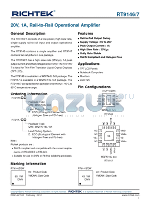 RT9146 datasheet - 20V, 1A, Rail-to-Rail Operational Amplifier