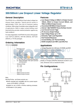 RT916115GX datasheet - 300/500mA Low Dropout Linear Voltage Regulator