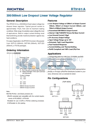 RT9161 datasheet - 300/500mA Low Dropout Linear Voltage Regulator