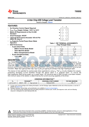 TXS0202YZPR datasheet - A Inter Chip-USB Voltage Level Translator Small Packages: WCSP