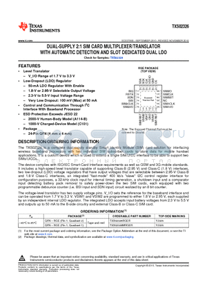 TXS02326 datasheet - DUAL-SUPPLY 2:1 SIM CARD MULTIPLEXER/TRANSLATOR WITH AUTOMATIC DETECTION AND SLOT DEDICATED DUAL LDO