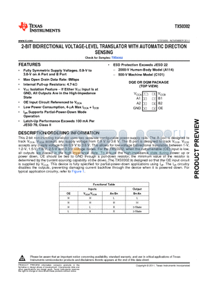 TXS0302 datasheet - 2-BIT BIDIRECTIONAL VOLTAGE-LEVEL TRANSLATOR WITH AUTOMATIC DIRECTION SENSING