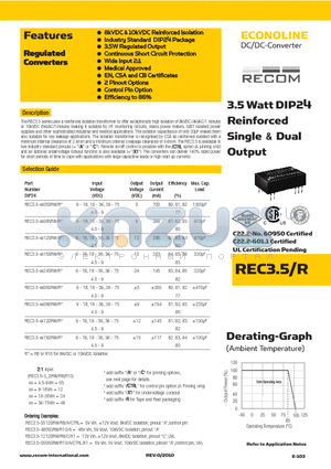 REC3.5 datasheet - 3.5 Watt DIP24 Reinforced Single & Dual Output