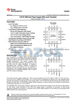 TXS4555RGTR datasheet - 1.8V/3V SIM Card Power Supply With Level Translator