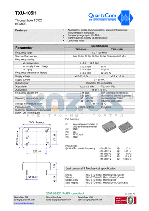 TXU-105H5 datasheet - Through hole TCXO HCMOS Tight frequency stability vs. temperature