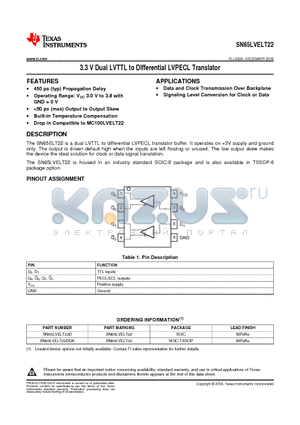 SN65LVELT22 datasheet - 3.3 V Dual LVTTL to DIfferential LVPECL Translator