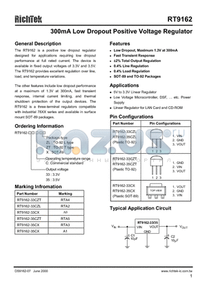 RT9162-33CX datasheet - 300MA LOW DROPOUT POSITIVE VOLTAGE REGULATOR