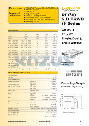 REC40-120512TRWB datasheet - 40 Watt 2 x 2 Single, Dual & Triple Output