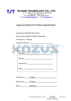 TY0122A datasheet - SMD 5x7 45MHz Crystal Filter