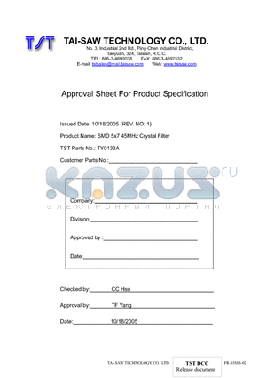 TY0133A datasheet - SMD 5x7 45MHz Crystal Filter