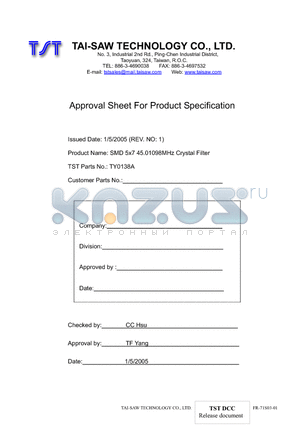 TY0138A datasheet - SMD 5x7 45.01098MHz Crystal Filter