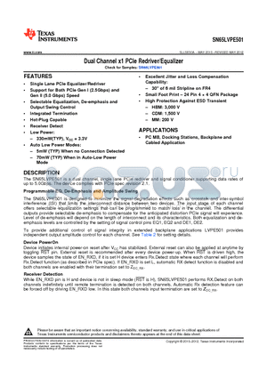 SN65LVPE501RGER datasheet - Dual Channel x1 PCIe Redriver/Equalizer