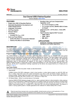 SN65LVPE502RGER datasheet - Dual Channel USB3.0 Redriver/Equalizer