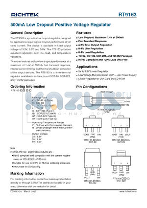 RT9163-35PZL datasheet - 500mA Low Dropout Positive Voltage Regulator
