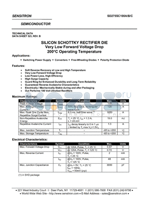 SD275SC100A datasheet - SILICON SCHOTTKY RECTIFIER DIE Very Low Forward Voltage Drop 200`C Operating Temperature