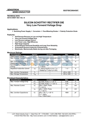 SD275SC200B datasheet - SILICON SCHOTTKY RECTIFIER DIE Very Low Forward Voltage Drop