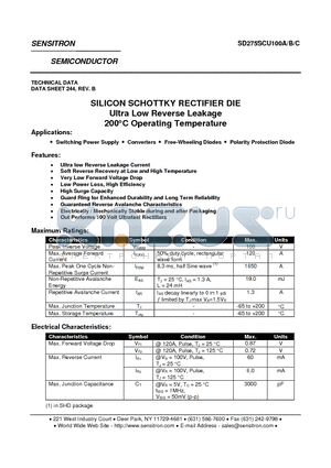 SD275SCU100A datasheet - SILICON SCHOTTKY RECTIFIER DIE Ultra Low Reverse Leakage 200`C Operating Temperature