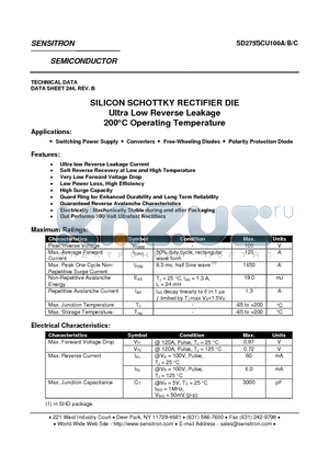 SD275SCU100B datasheet - SILICON SCHOTTKY RECTIFIER DIE Ultra Low Reverse Leakage 200`C Operating Temperature