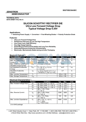 SD275SE30A datasheet - SILICON SCHOTTKY RECTIFIER DIE Ultra Low Forward Voltage Drop Typical Voltage Drop 0.30V