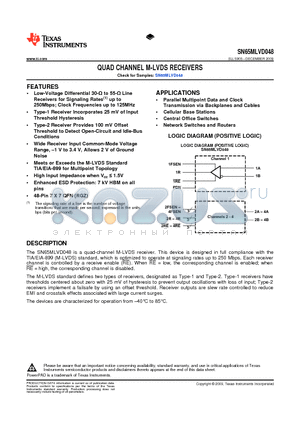 SN65MLVD048 datasheet - QUAD CHANNEL M-LVDS RECEIVERS