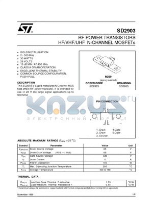 SD2903 datasheet - RF POWER TRANSISTORS HF/VHF/UHF N-CHANNEL MOSFETs