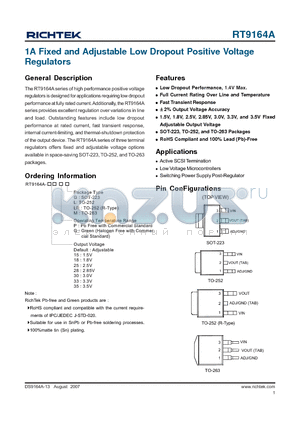 RT9164A-15GG datasheet - 1A Fixed and Adjustable Low Dropout Positive Voltage Regulators