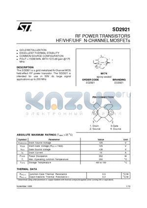 SD2921 datasheet - RF POWER TRANSISTORS HF/VHF/UHF N-CHANNEL MOSFETs