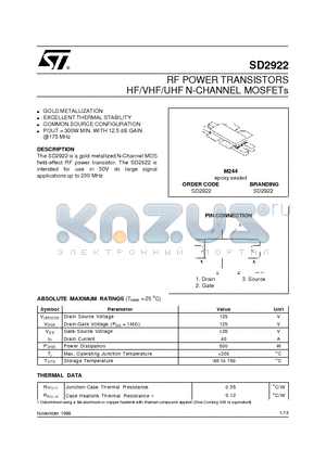 SD2922 datasheet - RF POWER TRANSISTORS HF/VHF/UHF N-CHANNEL MOSFETs