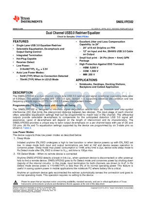 SN65LVPE502RGET datasheet - Dual Channel USB3.0 Redriver/Equalizer