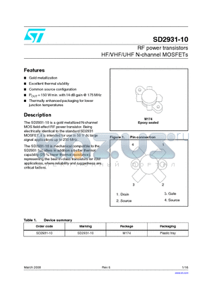 SD2931-10_03 datasheet - RF power transistors HF/VHF/UHF N-channel MOSFETs