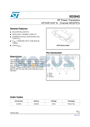 SD2942 datasheet - RF Power Transistors HF/VHF/UHF N - Channel MOSFETs