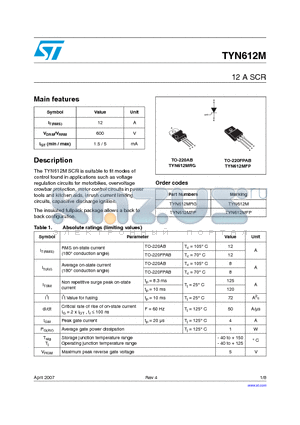 TYN612MFP datasheet - 12 A SCR