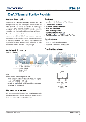 RT9165 datasheet - 150mA 3-Terminal Positive Regulator