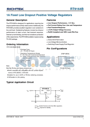 RT9164B-33GLR datasheet - 1A Fixed Low Dropout Positive Voltage Regulators