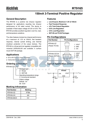 RT9165-80CX datasheet - 150MA 3- TERMINAL POSITIVE REGULATOR