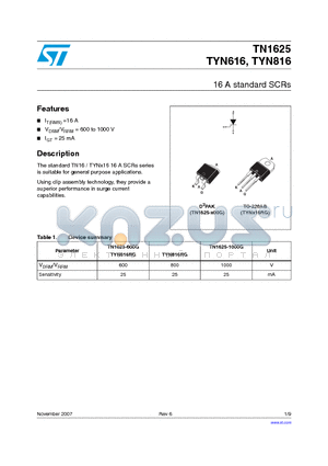 TYN616 datasheet - 16 A standard SCRs