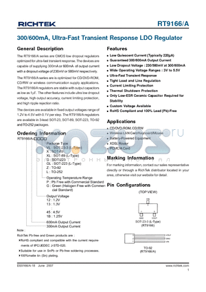 RT9166 datasheet - 300/600mA, Ultra-Fast Transient Response LDO Regulator