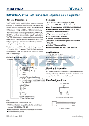RT9166-12GX datasheet - 300/600mA, Ultra-Fast Transient Response LDO Regulator