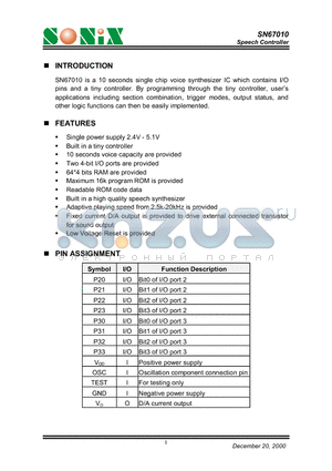 SN67010 datasheet - Speech Controller