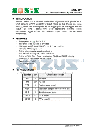 SN67D03 datasheet - One Channel Direct Drive Speech Controller