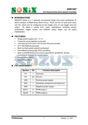 SN67D07 datasheet - One Channel Direct Drive Speech Controller